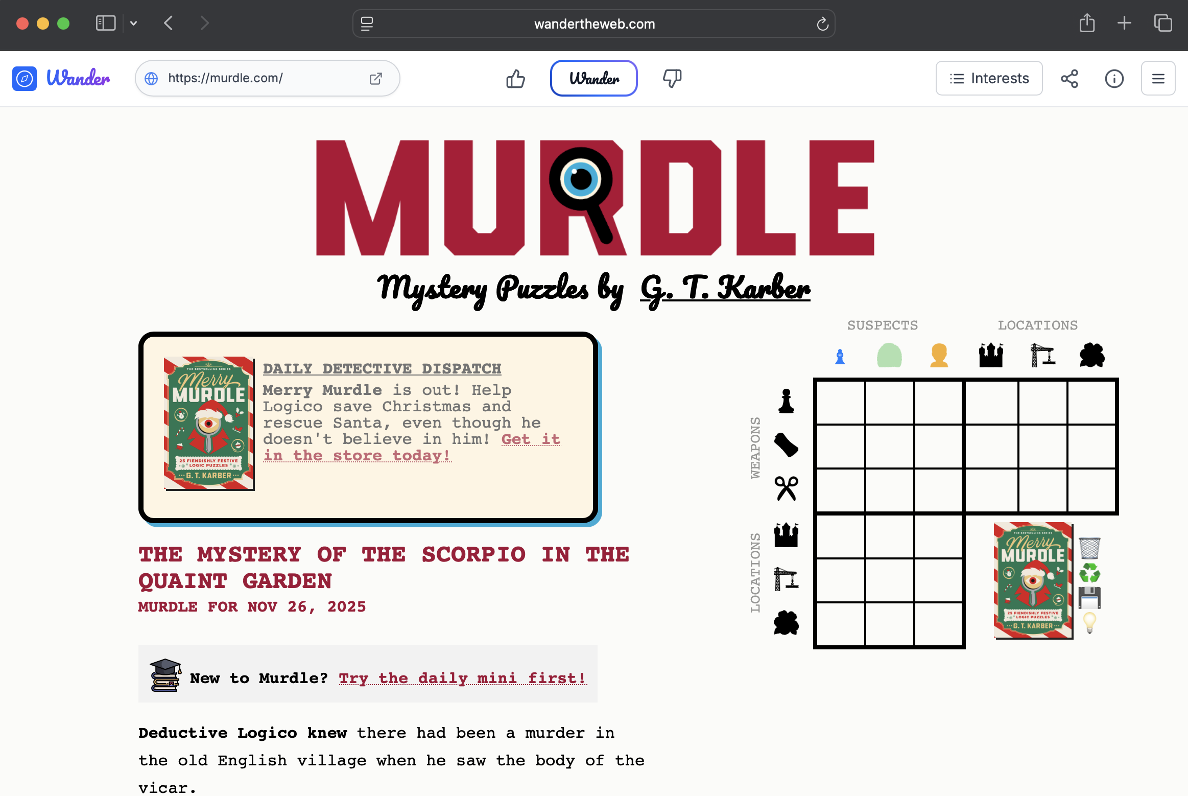 Murdle page with Wander bar